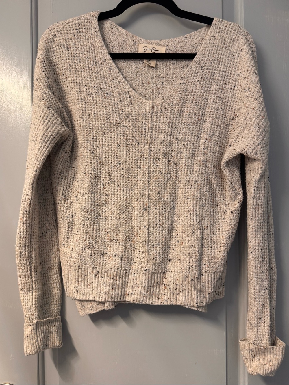 Jessica Simpson Cream Speckled V-Neck Waffle Knit Sweater